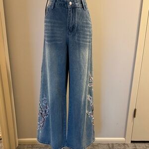 ROMWE Blue Wide-Leg Embroidered Men's Relaxed Jeans